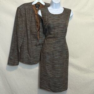 B-277 BG Collection Vintage Brown & Blue 2-Piece Set‎ Dress & Blazer Size 10